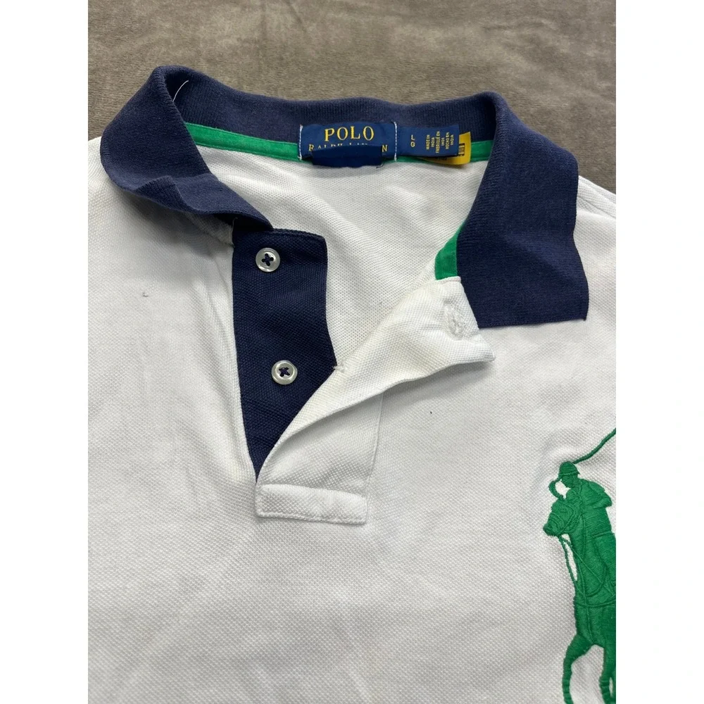 Polo Ralph Lauren Mens Classic Fit Big Pony Polo Shirt White‎ Navy Blue Large